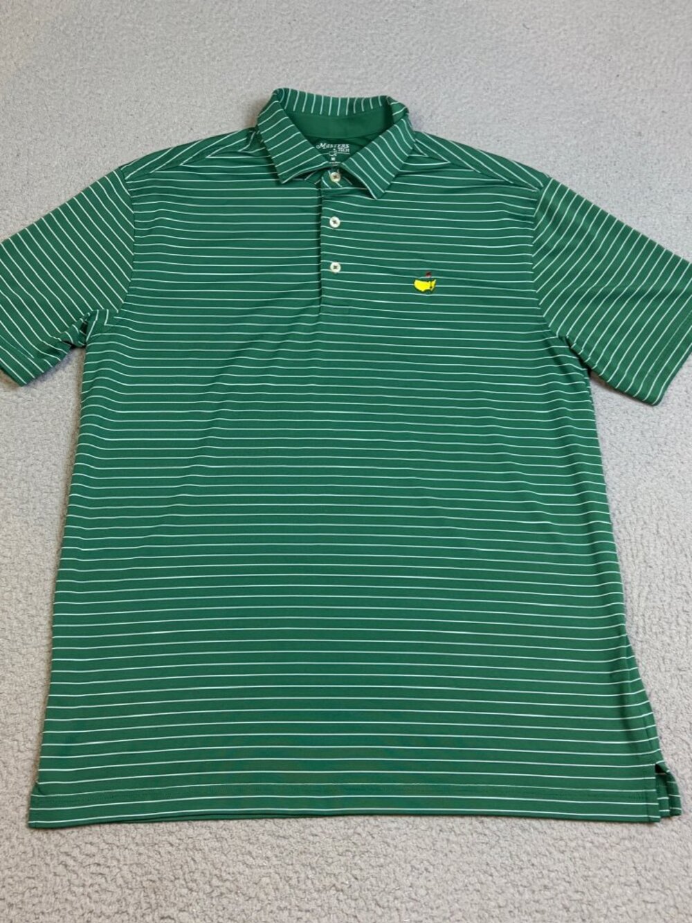 Masters Tech Polo Mens Size Medium Green Striped Golf Logo Outdoor Athletic